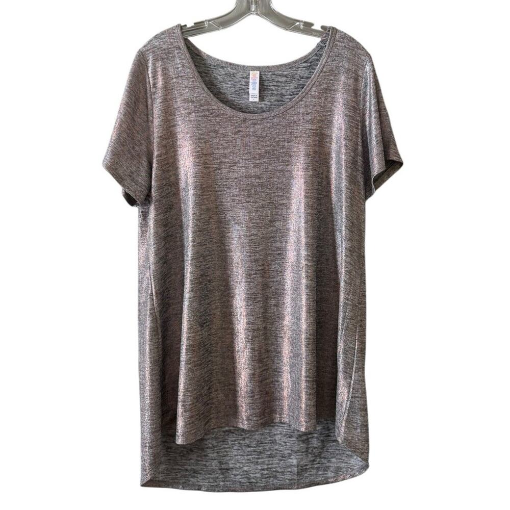 LulaRoe Women Size Large Short Sleeve Shirt‎ Metallic Colorful Hi Low Stretch